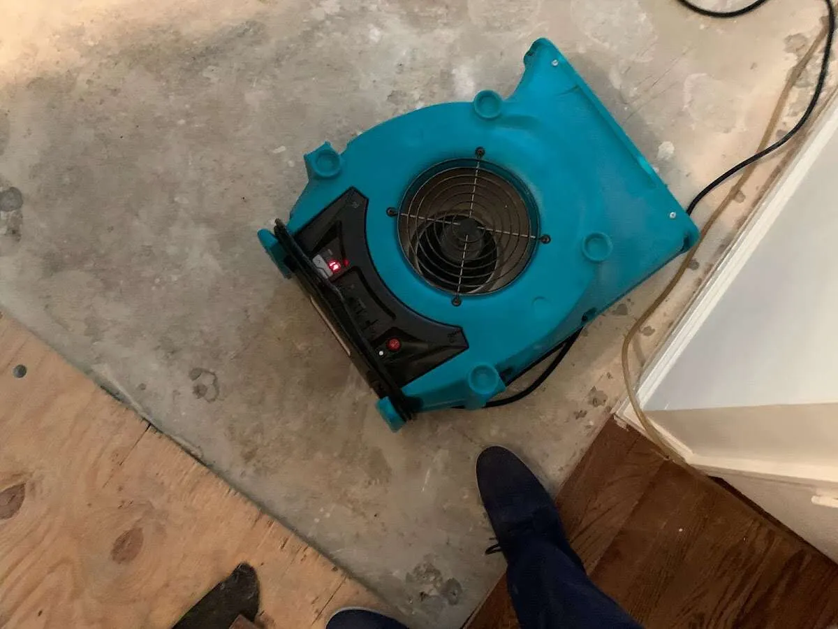 Air mover drying subfloor during Leak Detection & Repair in Royal Kunia